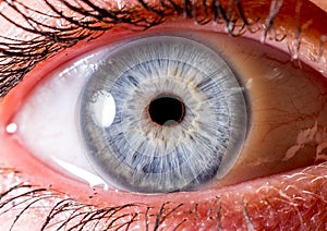 close up eye. close up Iris. very Close macro shot of an eyeball. blue and white with slight yellow and crater