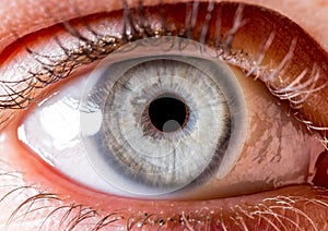 close up eye. close up Iris. very Close macro shot of an eyeball. pale blue with small crater