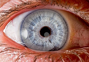close up eye. close up Iris. very Close macro shot of an eyeball. pale blue and white