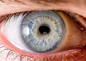 close up eye. close up Iris. very Close macro shot of an eyeball. pale blue and white with crater and tendrils