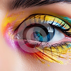 Close-up of an eye with colored eyeshadow by artificial intelligence