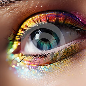 Close-up of an eye with colored eyeshadow by artificial intelligence