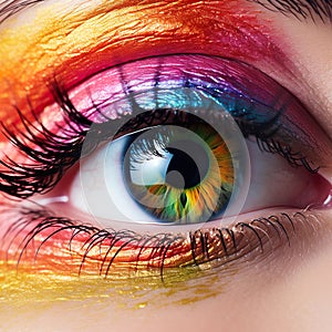 Close-up of an eye with colored eyeshadow by artificial intelligence