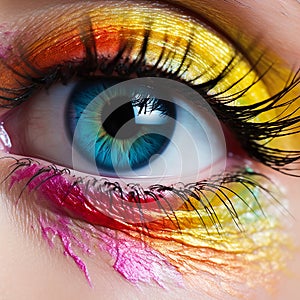 Close-up of an eye with colored eyeshadow by artificial intelligence