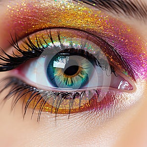 Close-up of an eye with colored eyeshadow by artificial intelligence