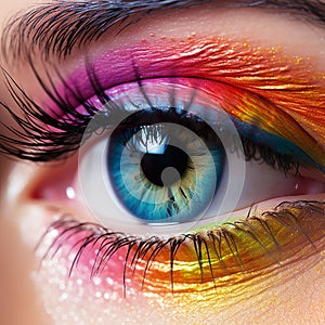 Close-up of an eye with colored eyeshadow by artificial intelligence