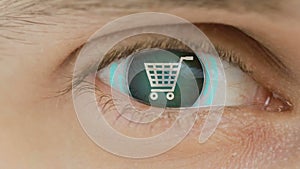 Close-up of eye with computer data overlayed. Zoom in centr. Shopping cart