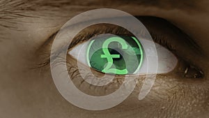 Close-up of eye with computer text overlayed. Zoom in centr. British Pound, GBP