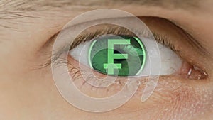 Close-up of eye with computer text overlayed. Zoom in centr. Swiss, Franc, CHF