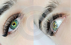 Close up of eye with eyelash extensions ,beauty salon treatment