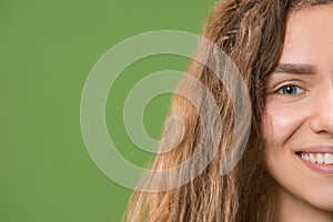 The close up eye on face of young beautiful caucasian girl