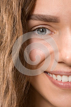 The close up eye on face of young beautiful caucasian girl