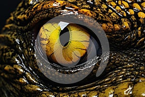 Close-up of the eye of a frog with yellow eyes, Highlight the yellow eye of a crocodile in a close-up, AI Generated