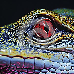 Close up of eye of iguana on black background,   rendering
