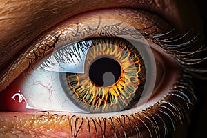 Close up of eye iris on black background