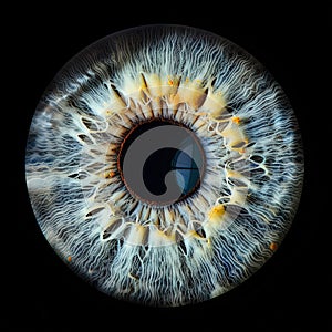 Close up of eye iris on black background.