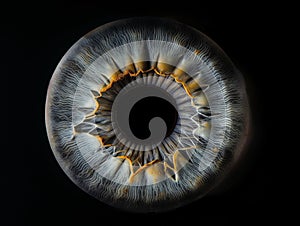 Close up of eye iris on black background