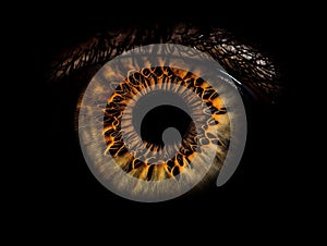 Close up of eye iris on black background