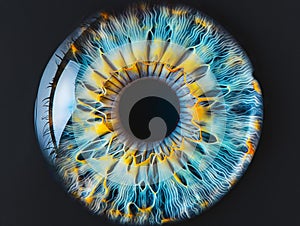 Close up of eye iris on black background