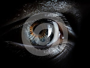 Close up of eye iris on black background