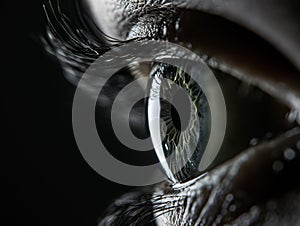 Close up of eye iris on black background