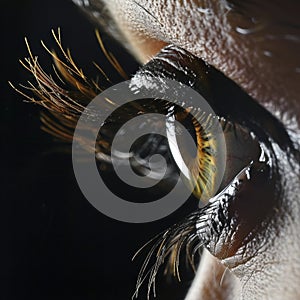 Close up of eye iris on black background, macro, photography