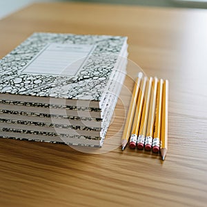 Stack of Notebooks and Pencils on Wooden Desk