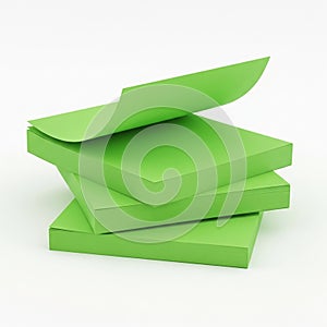 Stack of Bright Green Sticky Notes with One Page Curled Up on a White Background notepad