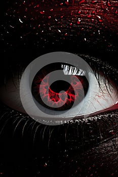 a close up of an eye with red eyes