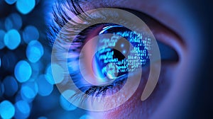Close-up of an eye reflecting binary code and blue lights