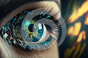 Close up on eye scan technology. Digital information data eye sight. Cyber security identity verification. Generative AI