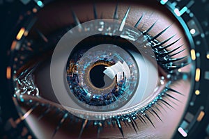 Close up on eye scan technology. Digital information data eye sight. Cyber security identity verification. Generative AI