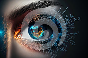 Close up on eye scan technology. Digital information data eye sight. Cyber security identity verification. Generative AI