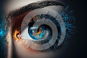 Close up on eye scan technology. Digital information data eye sight. Cyber security identity verification. Generative AI