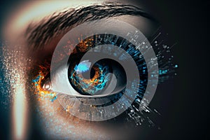 Close up on eye scan technology. Digital information data eye sight. Cyber security identity verification. Generative AI