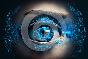 Close up on eye scan technology. Digital information data eye sight. Cyber security identity verification. Generative AI