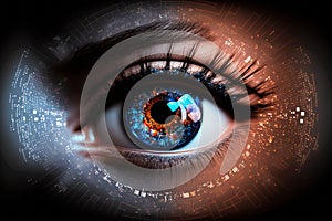 Close up on eye scan technology. Digital information data eye sight. Cyber security identity verification. Generative AI