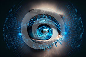 Close up on eye scan technology. Digital information data eye sight. Cyber security identity verification. Generative AI