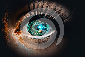 Close up on eye scan technology. Digital information data eye sight. Cyber security identity verification. Generative AI