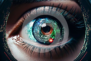 Close up on eye scan technology. Digital information data eye sight. Cyber security identity verification. Generative AI