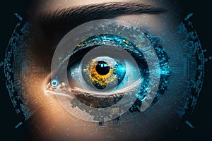 Close up on eye scan technology. Digital information data eye sight. Cyber security identity verification. Generative AI