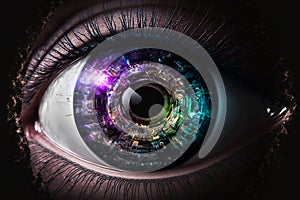 Close up on eye scan technology. Digital information data eye sight. Cyber security identity verification. Generative AI