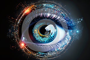 Close up on eye scan technology. Digital information data eye sight. Cyber security identity verification. Generative AI