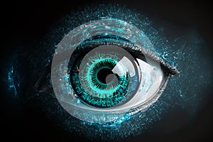 Close up on eye scan technology. Digital information data eye sight. Cyber security identity verification. Generative AI