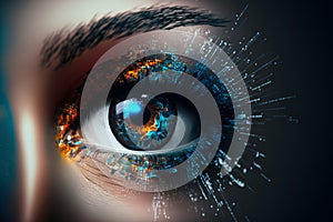 Close up on eye scan technology. Digital information data eye sight. Cyber security identity verification. Generative AI