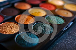 Close-up of an eye shadow palette with a variety of colors