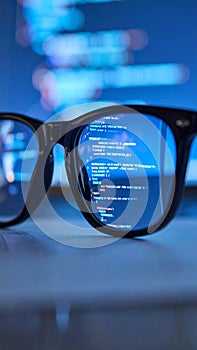 Close up of eyeglasses reflecting glowing computer code on a dark screen