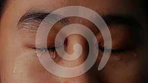 Close up eyes of woman crying with tear on black background.