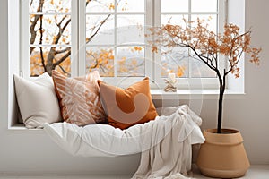 Close up of fabric sofa with terra cotta pillow against window and white wall. AI generate