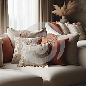 Close up of fabric sofa with white and terra cotta pillows. French country home interior design of modern living room